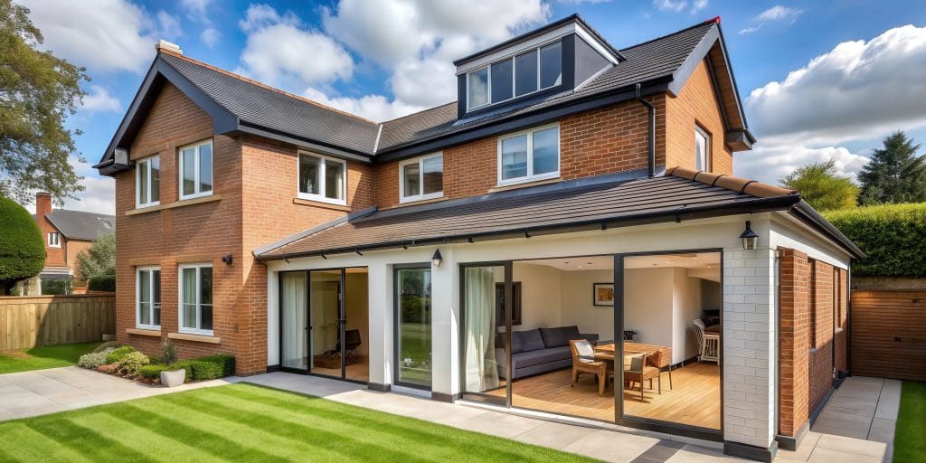 Brick house with a single-storey rear extension and bifold doors onto a lawn