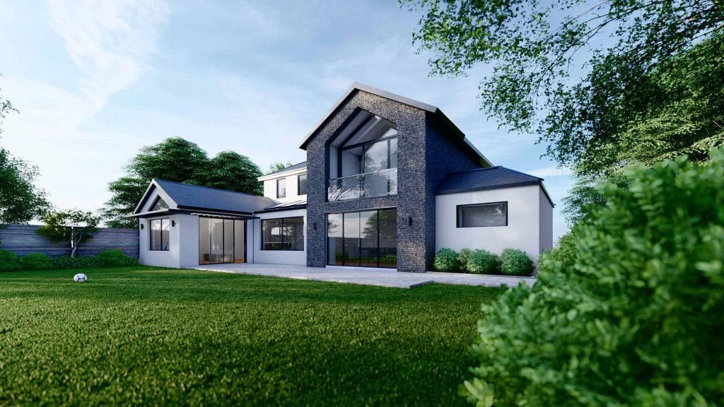 Visualisation of a house with a dark-clad contemporary extension