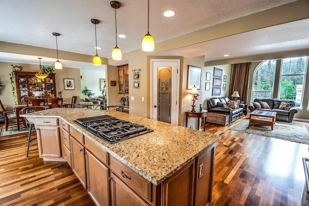 open plan kitchen and dinning room