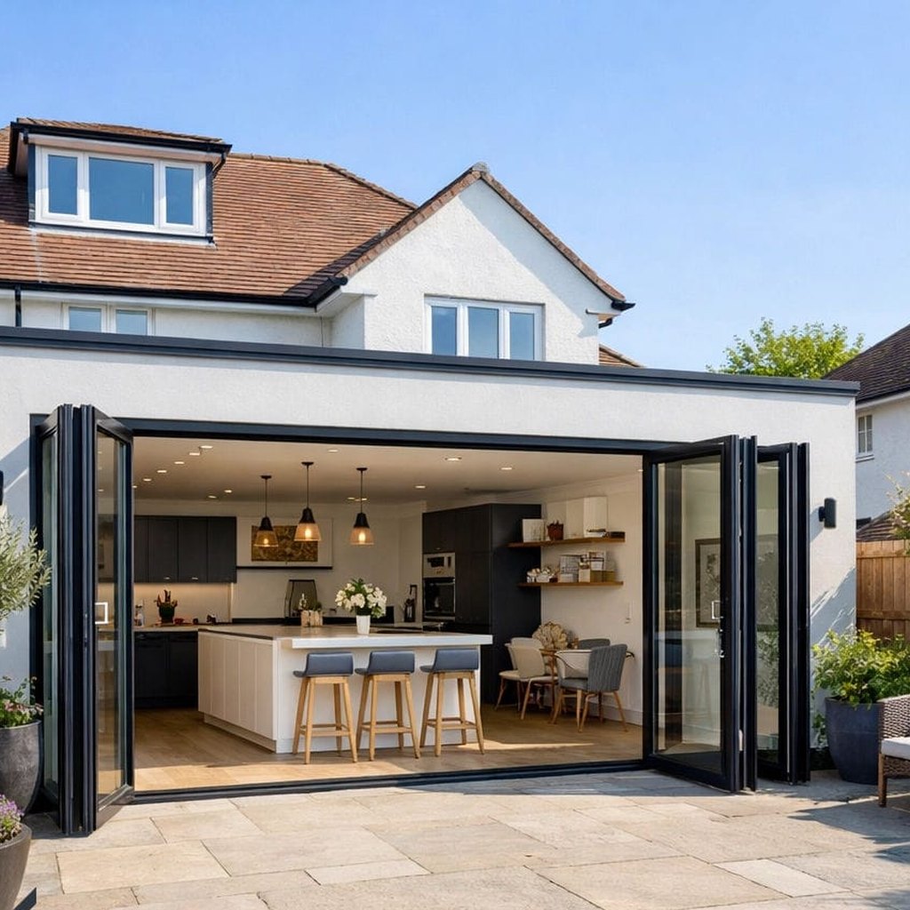 Paved patio and lawn outside a completed rear extension