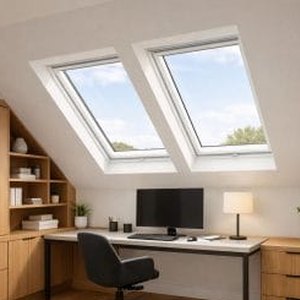 Home office with a fitted desk and timber cabinetry
