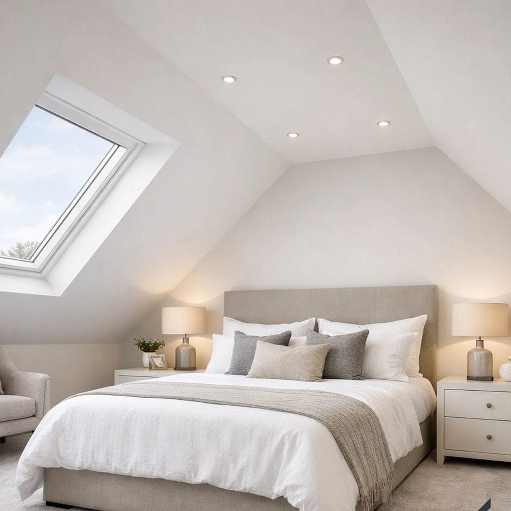 Bedroom with a fitted bed base and carpeted floor