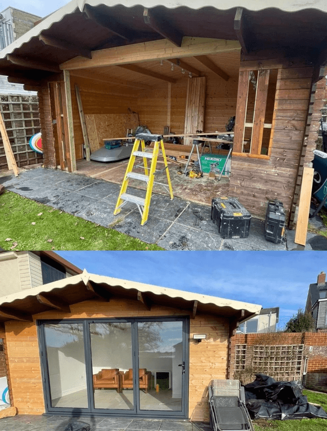 Side of a brick house with a new window and a contractor board on the wall