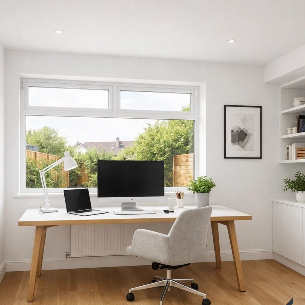 Home office with an oak floor and a desk chair