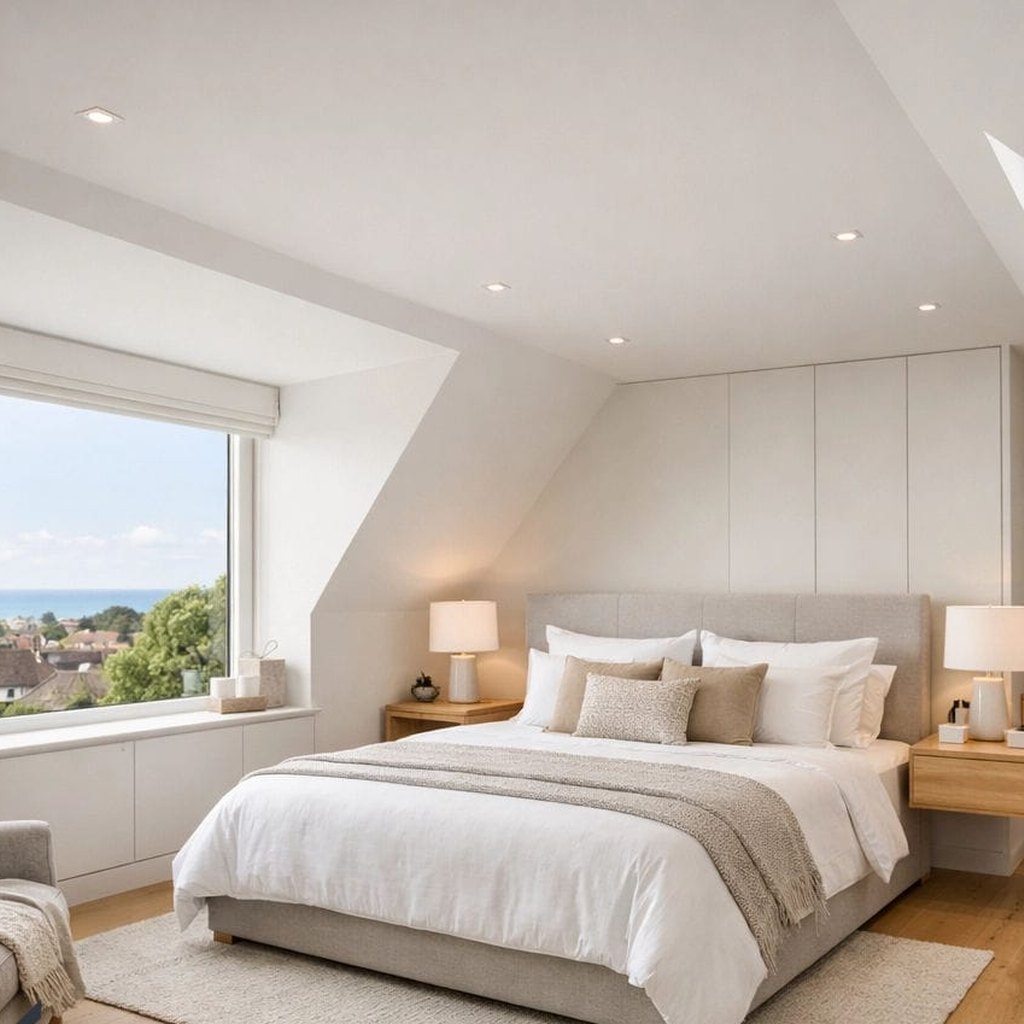 Bedroom with an oak floor and a large rug beside the bed