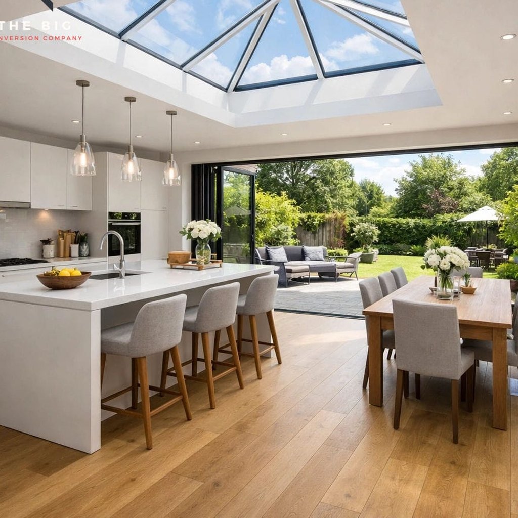 Open-plan kitchen and dining room beneath a glazed lantern roof